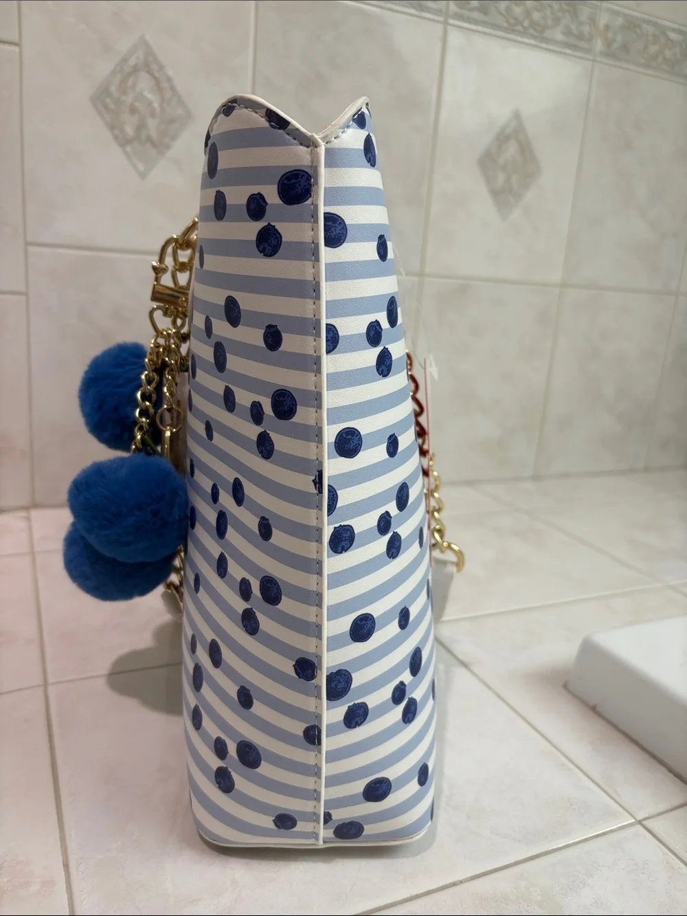 Betsey Johnson Striped Navy Blueberry Dot Tote Bag with Berry Pom Pom Charm